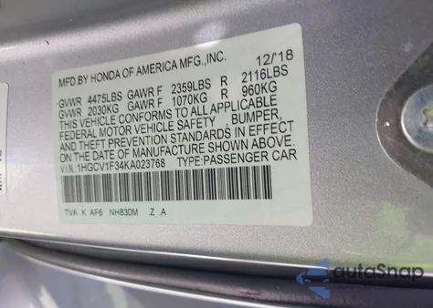 2019 Honda Accord Sport из США, поврежденный, VIN 1HGCV1F34KA023768